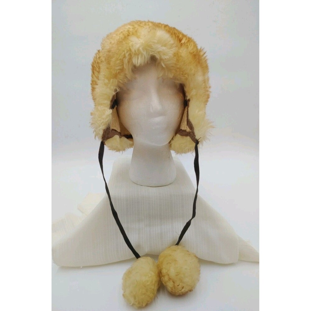 VTG 70's Leather Fur Hat w Bobble Ties Lamb Skin Ladies Pom Pom Balls (Read)